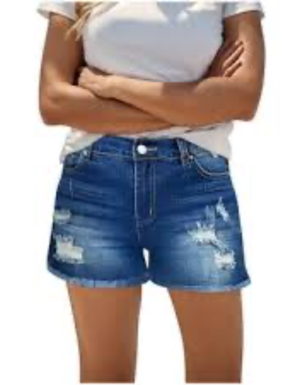 Time & Tru Women's High Rise Distressed Denim Stretch  Shorts Frayed Raw Hem NWT